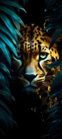 Mysterious jaguar face peering through turquoise tropical leaves in dark jungle setting, with intense eyes and spotted fur pattern creating dramatic wildlife scene.
