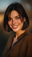 Young woman with short dark hair and bright smile in brown sweater against warm sunset background, perfect for lifestyle and fashion advertising.