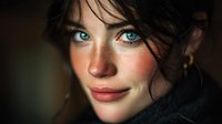 Young Caucasian woman with striking blue eyes and freckles looking directly at camera with natural makeup and tousled brown hair in soft lighting.