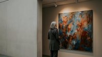 Senior woman with gray hair admiring colorful abstract painting in modern art gallery with professional lighting and contemporary interior design.