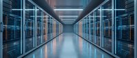 Modern data center corridor with server racks and blue LED lighting for technology and cloud computing infrastructure backgrounds.