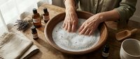 Hands soaking in wooden bowl with foamy water during spa treatment. Essential oil bottles and natural materials create relaxing wellness atmosphere.