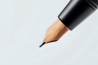 Sharp wooden pencil tip with black holder against light background, extreme close-up macro photography showing fine wood grain texture and graphite point.