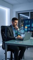 Professional businessman analyzing cryptocurrency data with holographic blockchain technology interface in modern office environment at night.