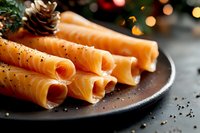 Thinly sliced salmon rolls garnished with black pepper and pine cone on dark plate against festive bokeh background, elegant holiday appetizer presentation.