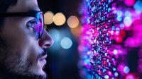 Young male programmer in glasses looking at glowing digital code display with pink and blue bokeh lights, representing artificial intelligence and software development.
