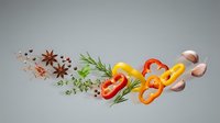 Fresh herbs and spices flying through air with colorful bell peppers, garlic and aromatic seasonings creating dynamic culinary composition for cooking.