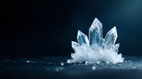 Luminous crystal cluster formation with transparent quartz points emerging from frost-covered base against dark background, creating mystical atmosphere.