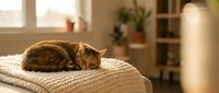 Adorable tabby cat sleeping peacefully on cozy knitted blanket in warm sunlit bedroom with plants and soft natural lighting for home decor concepts.