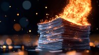 Stack of paper documents burning with bright flames and sparks against dark background with bokeh lights, dramatic office destruction concept.