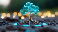 Glowing turquoise tree with magical roots on dark surface, illuminated by bokeh lights in background. Mystical nature concept with ethereal blue light effects.