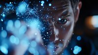 Close up portrait of young male face partially visible through glowing blue bokeh lights and particles creating mysterious atmospheric effect.