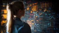 Young Caucasian woman with ponytail and glasses analyzing digital data visualization on transparent screen with glowing charts and graphs in dark tech environment.
