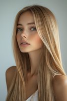 Young Caucasian woman with long blonde straight hair and natural makeup looking at camera against light background, wearing white top. Soft beauty portrait.