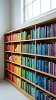 Rainbow colored books organized by hue on wooden shelves in modern library interior with white brick walls and large windows for reading and education.