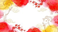 Chinese New Year goat ram zodiac animal frame with red clouds and golden elements for festive greeting cards and traditional holiday designs.