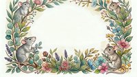 Watercolor floral wreath with cute mice, spring flowers and green leaves creating decorative border frame on white background for greeting cards and invitations.