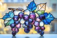 Stained glass grape clusters with blue and green leaves catching sunlight, purple and iridescent berries creating luminous wine-inspired decoration.