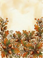 Autumn botanical border frame with acorns, oak leaves, and berries in warm earth tones on cream background. Isolated design element for fall invitations, cards, and seasonal projects.