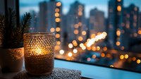 Cozy candlelight on windowsill against blurred city skyline at dusk with glowing bokeh lights and urban buildings creating romantic evening atmosphere.