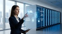 Professional businesswoman interacting with holographic cloud storage interface in modern data center server room for technology presentations.
