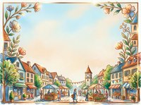 Watercolor town square frame with charming market stalls, floral border, and copy space for greeting cards or invitations.
