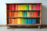 Vintage wooden bookshelf with colorful book spines arranged in rainbow spectrum order creates striking visual display against white wall, modern interior design element.