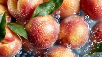 Fresh ripe nectarines with water drops and green leaves on dark background, macro shot of juicy summer fruits with natural lighting and texture.