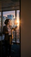 Professional businesswoman using tablet in modern office at sunset with city skyline view through floor-to-ceiling windows for corporate presentations.