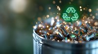 Glowing green recycling symbol floating above electronic components and circuit boards in metal container with bokeh background. Environmental technology concept.