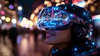 Young Asian woman wearing virtual reality headset with city reflection and bokeh lights, experiencing immersive digital world in neon blue atmosphere.