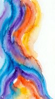 Abstract watercolor painting with flowing rainbow colors blending from blue to purple orange and yellow creating organic curved shapes on white background.