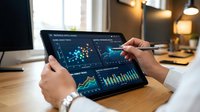 Business professional analyzing financial data dashboard on tablet with interactive charts and graphs in modern office workspace.