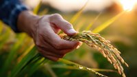 Farmer's hand gently holding fresh rice grain during golden sunset in paddy field, with water droplets glistening on mature crop, symbolizing harvest season.