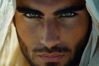 Close up portrait of Middle Eastern man with intense blue eyes and dark beard wearing traditional white headscarf, dramatic lighting enhances mysterious expression.