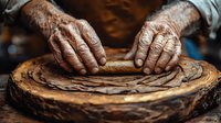 Weathered artisan hands working with clay on traditional pottery wheel, close-up view showing texture and craftsmanship in warm earthy tones. For art, craft and tradition concepts.