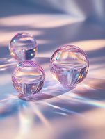 Crystal glass spheres with rainbow light reflections on soft pink and blue background create magical prismatic effects and ethereal atmosphere.