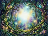 Enchanted forest tunnel with glowing magical light, lush foliage, and mystical atmosphere. Fantasy woodland scene for fantasy art, game design, and creative projects.