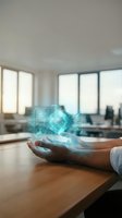 Hand holding glowing holographic digital cube with data visualization and network connections in modern office workspace with windows and blurred background.