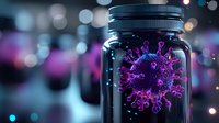 Glowing purple virus cell floating in glass jar against blurred bokeh background, scientific concept visualization for medical research and healthcare studies.