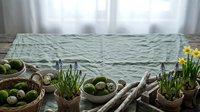 Fresh spring vegetables and herbs arranged on rustic wooden table with natural window light creating cozy kitchen atmosphere for healthy cooking.