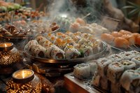 Fresh sushi rolls and nigiri on elegant serving platters with rising steam, surrounded by glowing candles creating atmospheric dining ambiance.