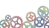 Colorful mechanical gears and cogs in various sizes creating industrial pattern on white background for engineering and technology designs.