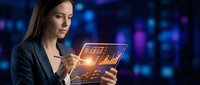 Professional businesswoman analyzing financial data on transparent tablet with glowing charts and graphs in modern digital environment for corporate presentations.