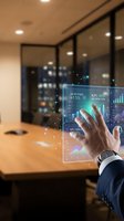 Businessman in dark suit interacting with holographic digital display showing financial analytics, revenue growth, and KPI metrics in modern office environment with wooden desk and glass partitions.