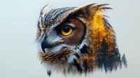 Artistic double exposure of owl head merged with autumn forest landscape at sunset, featuring intense yellow eye and detailed feathers against misty pine trees.