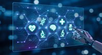 Robotic hand interacting with futuristic medical interface displaying healthcare icons and digital network connections on transparent screen.