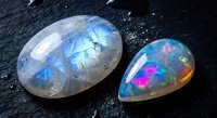 Two polished rainbow moonstone gems displaying iridescent blue and multicolor flashes on dark textured surface with scattered crystal fragments around them.