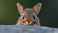 Curious baby bunny rabbit peeking over edge with big eyes and fuzzy brown fur against dark green background, creating adorable wildlife moment.
