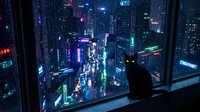 Silhouette of person gazing at neon-lit futuristic cityscape from high-rise window at night, featuring glowing skyscrapers and vibrant street lights for cyberpunk and sci-fi design projects.